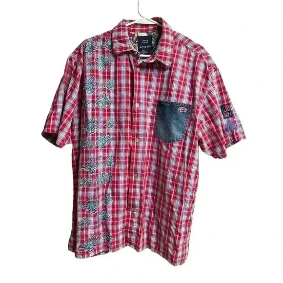 Bugle Boy Vintage Men's Large Plaid Denim Pocket Hawaiian Flowers Shirt 90s - Picture 1 of 9